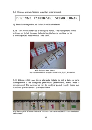 16
5.9. Ordenar un grup d’accions seguint un ordre temporal.
d) Seleccionar segments per construir frases amb sentit
5.10. Tubs mòbils: l’ordre de la frase ja ve marcat. Tots els segments roden
sobre un eix fix (tub de paper d’alumini llarg) i s’han de combinar per tal
d’aconseguir una frase correcta i amb sentit.
Web: Aprendre a ser mestra.
http://aprendrealescola.blogspot.com.es/2008_05_01_archive.html
5.11. Llibreta mòbil: una llibreta allargada, tallada de dalt a baix en parts
corresponents a les categories gramaticals (determinants, noms, verbs i
complements). Els alumnes les han de combinar perquè resultin frases que
concordin gramaticalment i que tinguin sentit.
Web: Recursos per a l’educació especial. http://blocs.xtec.cat/recursosee/2011/10/19/la-llibreta-
de-les-frases/
 
