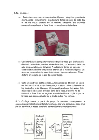 17
5.12. Els daus :
a) * Tenim tres daus que representen les diferents categories gramaticals
(noms, verbs i complements) a cadascuna de les sis cares de cada dau
hi ha un dibuix diferent de la mateixa categoria. Els alumnes
construeixen oralment la frase tirant consecutivament els daus.
b) Calen tants daus com parts volem que tingui la frase (per exemple: un
dau amb determinant, un altre amb substantius, un altre amb verbs, un
altre amb complements del verb). A cadascuna de les sis cares de
cada dau hi ha escrita una paraula diferent de la mateixa categoria. Els
alumnes construeixen la frase tirant consecutivament els daus. S’han
de tenir en compte les regles de concordança.
c) Es fa un quadre de doble entrada. A l’eix vertical es dibuixen els valors
del dau: de l’u al sis. A l’eix horitzontal, s’hi escriu l’ordre consecutiu de
les tirades fins a sis. Als punts d’intersecció resultants dels valors dels
dos eixos hi ha escrites diverses parts de la frase. L’alumne ha de
construir la frase tirant sis vegades amb el dau i ha de copiar la part de
la frase que, segons el valor de la tirada, indica l’eix vertical.
5.13. Confegir frases: a partir de grups de paraules corresponents a
categories gramaticals diferents l’alumne ha de triar una paraula de cada grup
per tal de construir frases coherents semànticament i morfosintàctica.
 