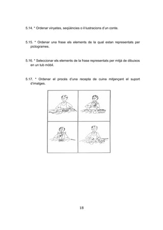 18
5.14. * Ordenar vinyetes, seqüències o il·lustracions d’un conte.
5.15. * Ordenar una frase els elements de la qual estan representats per
pictogrames.
5.16. * Seleccionar els elements de la frase representats per mitjà de dibuixos
en un tub mòbil.
5.17. * Ordenar el procés d’una recepta de cuina mitjançant el suport
d’imatges.
 