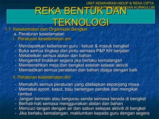 REKA BENTUK DANREKA BENTUK DAN
TEKNOLOGITEKNOLOGI
1.1 Keselamatan dan Organisasi Bengkel1.1 Keselamatan dan Organisasi Bengkel
a. Peraturan keselamatana. Peraturan keselamatan
i. Peraturan keselamatan ami. Peraturan keselamatan am
- Mendapatkan kebenaran guru : keluar & masuk bengkel- Mendapatkan kebenaran guru : keluar & masuk bengkel
- Buka semua tingkap dan pintu semasa P&P KH berjalan- Buka semua tingkap dan pintu semasa P&P KH berjalan
- Melabelkan semua alatan dan bahan- Melabelkan semua alatan dan bahan
- Mengambil tindakan segera jika berlaku kemalangan- Mengambil tindakan segera jika berlaku kemalangan
- Membersihkan meja dan bengkel setelah selesai aktiviti- Membersihkan meja dan bengkel setelah selesai aktiviti
- Memastikan semua peralatan dan bahan dijaga dengan baik- Memastikan semua peralatan dan bahan dijaga dengan baik
ii. Peraturan keselamatan diriii. Peraturan keselamatan diri
- Mematuhi semua peraturan yang ditetapkan sepanjang masa- Mematuhi semua peraturan yang ditetapkan sepanjang masa
- Memakai apron, kasut, baju berlengan pendek dan mengikat- Memakai apron, kasut, baju berlengan pendek dan mengikat
rambutrambut
- Jangan bermain atau bergurau senda semasa berada di bengkel- Jangan bermain atau bergurau senda semasa berada di bengkel
- Berhati-hati semasa menggunakan alatan dan bahan- Berhati-hati semasa menggunakan alatan dan bahan
- Mencuci tangan dengan air dan sabun selepas aktiviti di bengkel- Mencuci tangan dengan air dan sabun selepas aktiviti di bengkel
- Jika berlaku kemalangan, maklumkan kepada guru dengan segera- Jika berlaku kemalangan, maklumkan kepada guru dengan segera
UNIT KEMAHIRAN HIDUP & REKA CIPTA
PUSAT PERKEMBANGAN KURIKULUM
 