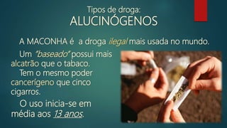A MACONHA é a droga ilegal mais usada no mundo.
Um ”baseado” possui mais
alcatrão que o tabaco.
Tem o mesmo poder
cancerígeno que cinco
cigarros.
O uso inicia-se em
média aos 13 anos.
Tipos de droga:
ALUCINÓGENOS
 