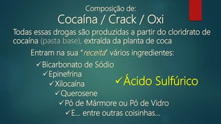 Todas essas drogas são produzidas a partir do cloridrato de
cocaína (pasta base), extraída da planta de coca
Composição de:
Cocaína / Crack / Oxi
Bicarbonato de Sódio
Querosene
Epinefrina
Xilocaína
Pó de Mármore ou Pó de Vidro
Ácido Sulfúrico
E... entre outras coisinhas...
Entram na sua “receita” vários ingredientes:
 