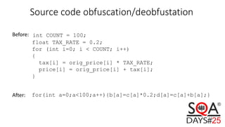 Source code obfuscation/deobfustation
int COUNT = 100;
float TAX_RATE = 0.2;
for (int i=0; i < COUNT; i++)
{
tax[i] = orig_price[i] * TAX_RATE;
price[i] = orig_price[i] + tax[i];
}
Before:
After: for(int a=0;a<100;a++){b[a]=c[a]*0.2;d[a]=c[a]+b[a];}
 