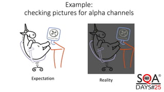 Example:
checking pictures for alpha channels
Expectation Reality
 