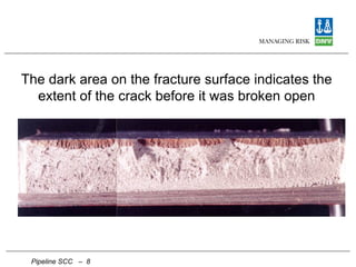 The dark area on the fracture surface indicates the extent of the crack before it was broken open Pipeline SCC –
