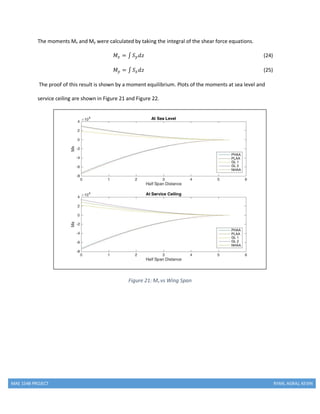 MAE 154B PROJECT RYAN, AGRAJ, KEVIN
The moments Mx and My were calculated by taking the integral of the shear force equations.
𝑀𝑥 = ∫ 𝑆 𝑦 𝑑𝑧 (24)
𝑀 𝑦 = ∫ 𝑆 𝑥 𝑑𝑧 (25)
The proof of this result is shown by a moment equilibrium. Plots of the moments at sea level and
service ceiling are shown in Figure 21 and Figure 22.
Figure 21: Mx vs Wing Span
 