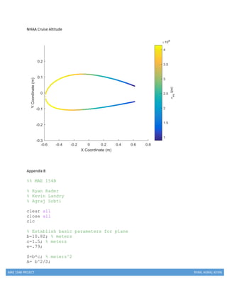 MAE 154B PROJECT RYAN, AGRAJ, KEVIN
NHAA Cruise Altitude
Appendix B
%% MAE 154B
% Ryan Rader
% Kevin Landry
% Agraj Sobti
clear all
close all
clc
% Establish basic parameters for plane
b=10.82; % meters
c=1.5; % meters
e=.79;
S=b*c; % meters^2
A= b^2/S;
 