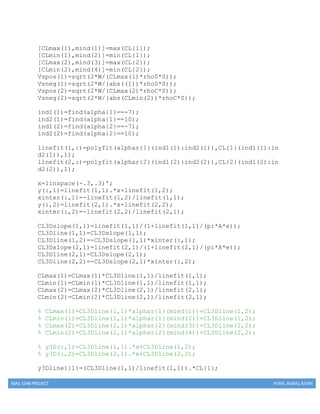 MAE 154B PROJECT RYAN, AGRAJ, KEVIN
[CLmax(1),mind(1)]=max(CL{1});
[CLmin(1),mind(2)]=min(CL{1});
[CLmax(2),mind(3)]=max(CL{2});
[CLmin(2),mind(4)]=min(CL{2});
Vspos(1)=sqrt(2*W/(CLmax(1)*rho0*S));
Vsneg(1)=sqrt(2*W/(abs((1))*rho0*S));
Vspos(2)=sqrt(2*W/(CLmax(2)*rhoC*S));
Vsneg(2)=sqrt(2*W/(abs(CLmin(2))*rhoC*S));
ind1(1)=find(alpha{1}==-7);
ind2(1)=find(alpha{1}==10);
ind1(2)=find(alpha{2}==-7);
ind2(2)=find(alpha{2}==10);
linefit(1,:)=polyfit(alphar{1}(ind1(1):ind2(1)),CL{1}(ind1(1):in
d2(1)),1);
linefit(2,:)=polyfit(alphar{2}(ind1(2):ind2(2)),CL{2}(ind1(2):in
d2(2)),1);
x=linspace(-.3,.3)';
y(:,1)=linefit(1,1).*x+linefit(1,2);
xinter(:,1)=-linefit(1,2)/linefit(1,1);
y(:,2)=linefit(2,1).*x+linefit(2,2);
xinter(:,2)=-linefit(2,2)/linefit(2,1);
CL3Dslope(1,1)=linefit(1,1)/(1+linefit(1,1)/(pi*A*e));
CL3Dline(1,1)=CL3Dslope(1,1);
CL3Dline(1,2)=-CL3Dslope(1,1)*xinter(:,1);
CL3Dslope(2,1)=linefit(2,1)/(1+linefit(2,1)/(pi*A*e));
CL3Dline(2,1)=CL3Dslope(2,1);
CL3Dline(2,2)=-CL3Dslope(2,1)*xinter(:,2);
CLmax(1)=CLmax(1)*CL3Dline(1,1)/linefit(1,1);
CLmin(1)=CLmin(1)*CL3Dline(1,1)/linefit(1,1);
CLmax(2)=CLmax(2)*CL3Dline(2,1)/linefit(2,1);
CLmin(2)=CLmin(2)*CL3Dline(2,1)/linefit(2,1);
% CLmax(1)=CL3Dline(1,1)*alphar{1}(mind(1))+CL3Dline(1,2);
% CLmin(1)=CL3Dline(1,1)*alphar{1}(mind(2))+CL3Dline(1,2);
% CLmax(2)=CL3Dline(2,1)*alphar{2}(mind(3))+CL3Dline(2,2);
% CLmin(2)=CL3Dline(2,1)*alphar{2}(mind(4))+CL3Dline(2,2);
% y3D(:,1)=CL3Dline(1,1).*x+CL3Dline(1,2);
% y3D(:,2)=CL3Dline(2,1).*x+CL3Dline(2,2);
y3Dline1{1}=(CL3Dline(1,1)/linefit(1,1)).*CL{1};
 