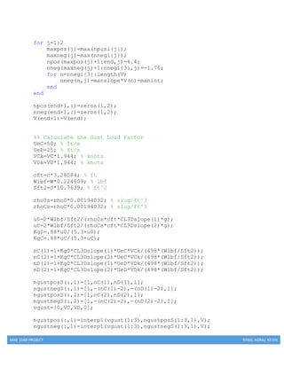 MAE 154B PROJECT RYAN, AGRAJ, KEVIN
for j=1:2
maxpos(j)=max(nposi{j});
maxneg(j)=max(nnegi{j});
npos(maxpos(j)+1:end,j)=4.4;
nneg(maxneg(j)+1:nnegi{3},j)=-1.76;
for n=nnegi{3}:length(V)
nneg(n,j)=manslope*V(n)+manint;
end
end
npos(end+1,:)=zeros(1,2);
nneg(end+1,:)=zeros(1,2);
V(end+1)=V(end);
%% Calculate the Gust Load Factor
UeC=50; % ft/s
UeD=25; % ft/s
VCk=VC*1.944; % knots
VDk=VD*1.944; % knots
cft=c*3.28084; % ft
Wlbf=W*0.224809; % lbf
Sft2=S*10.7639; % ft^2
rho0s=rho0*0.00194032; % slug/ft^3
rhoCs=rhoC*0.00194032; % slug/ft^3
u0=2*Wlbf/Sft2/(rho0s*cft*CL3Dslope(1)*g);
uC=2*Wlbf/Sft2/(rhoCs*cft*CL3Dslope(2)*g);
Kg0=.88*u0/(5.3+u0);
KgC=.88*uC/(5.3+uC);
nC(1)=1+Kg0*CL3Dslope(1)*UeC*VCk/(498*(Wlbf/Sft2));
nC(2)=1+KgC*CL3Dslope(2)*UeC*VCk/(498*(Wlbf/Sft2));
nD(1)=1+Kg0*CL3Dslope(1)*UeD*VDk/(498*(Wlbf/Sft2));
nD(2)=1+KgC*CL3Dslope(2)*UeD*VDk/(498*(Wlbf/Sft2));
ngustposS(:,1)=[1,nC(1),nD(1),1];
ngustnegS(:,1)=[1,-(nC(1)-2),-(nD(1)-2),1];
ngustposS(:,2)=[1,nC(2),nD(2),1];
ngustnegS(:,2)=[1,-(nC(2)-2),-(nD(2)-2),1];
vgust=[0,VC,VD,0];
ngustpos(:,1)=interp1(vgust(1:3),ngustposS(1:3,1),V);
ngustneg(:,1)=interp1(vgust(1:3),ngustnegS(1:3,1),V);
 