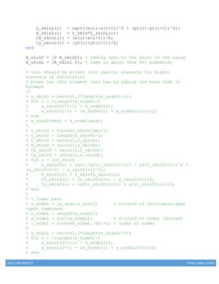 MAE 154B PROJECT RYAN, AGRAJ, KEVIN
L_skinL(i) = sqrt((x(i)-x(i+1))^2 + (yL(i)-yL(i+1))^2);
A_skinL(i) = t_skin*L_skinL(i);
Cx_skinL(i) = (x(i)+x(i+1))/2;
Cy_skinL(i) = (yU(i)+yU(i+1))/2;
end
A_skinU = [0 A_skinU]; % adding zero to the front of the array
A_skinL = [A_skinL 0]; % same as above (Now 401 elements)
% skin should be broken into smaller elements for higher
accuracy of calculation
% break one skin element into two by adding one more node in
between
%%
% x_skinU = zeros(1,2*length(x_nodeU)-1);
% for i = 1:length(x_nodeU)-1
% x_skinU(2*i-1) = x_nodeU(i);
% x_skinU(2*i) = (x_nodeU(i) + x_nodeU(i+1))/2;
% end
% x_skinU(end) = x_nodeU(end);
%
% i_skinU = round(x_skinU/dx)+1;
% n_skinU = length(x_skinU)-1;
% L_skinU = zeros(1,n_skinU);
% A_skinU = zeros(1,n_skinU);
% Cx_skinU = zeros(1,n_skinU);
% Cy_skinU = zeros(1,n_skinU);
% for i = 1:n_skinU
% L_skinU(i) = sqrt((yU(i_skinU(i+1)) - yU(i_skinU(i)))^2 +
(x_skinU(i+1) - x_skinU(i))^2);
% A_skinU(i) = t_skin*L_skinU(i);
% Cx_skinU(i) = (x_skinU(i+1) + x_skinU(i))/2;
% Cy_skinU(i) = (yU(i_skinU(i+1)) + yU(i_skinU(i)))/2;
% end
%
% % lower part
% x_nodeL = [x_spar,x_strL]; % x-coord of (stringers,spar
caps) combined
% n_nodeL = length(x_nodeL);
% x_nodeL = sort(x_nodeL); % x-coord of nodes (Sorted)
% i_nodeL = round(x_nodeL./dx)+1; % index of nodes
%
% x_skinL = zeros(1,2*length(x_nodeL)-1);
% for i = 1:length(x_nodeL)-1
% x_skinL(2*i-1) = x_nodeL(i);
% x_skinL(2*i) = (x_nodeL(i) + x_nodeL(i+1))/2;
% end
 