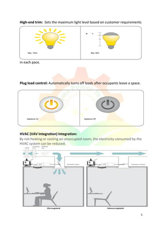 5
High-end trim: Sets the maximum light level based on customer requirements
in each pace.
Plug load control: Automatically turns off loads after occupants leave a space.
HVAC (VAV Integration) Integration:
By not heating or cooling an unoccupied room, the electricity consumed by the
HVAC system can be reduced.
Max: 100% Max: 80%
80 %
Appliance On Appliance Off
 