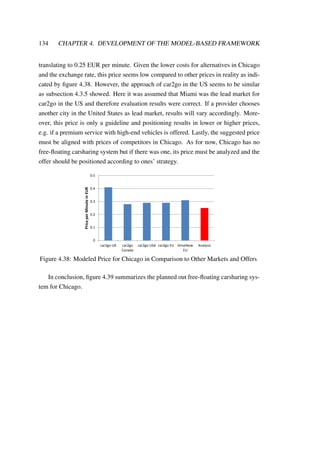 134 CHAPTER 4. DEVELOPMENT OF THE MODEL-BASED FRAMEWORK
translating to 0.25 EUR per minute. Given the lower costs for alternatives in Chicago
and the exchange rate, this price seems low compared to other prices in reality as indi-
cated by ﬁgure 4.38. However, the approach of car2go in the US seems to be similar
as subsection 4.3.5 showed. Here it was assumed that Miami was the lead market for
car2go in the US and therefore evaluation results were correct. If a provider chooses
another city in the United States as lead market, results will vary accordingly. More-
over, this price is only a guideline and positioning results in lower or higher prices,
e.g. if a premium service with high-end vehicles is offered. Lastly, the suggested price
must be aligned with prices of competitors in Chicago. As for now, Chicago has no
free-ﬂoating carsharing system but if there was one, its price must be analyzed and the
offer should be positioned according to ones’ strategy.
0
0.1
0.2
0.3
0.4
0.5
car2go UK car2go
Canada
car2go USA car2go EU DriveNow
EU
Analysis
PriceperMinuteinEUR
Figure 4.38: Modeled Price for Chicago in Comparison to Other Markets and Offers
In conclusion, ﬁgure 4.39 summarizes the planned out free-ﬂoating carsharing sys-
tem for Chicago.
 