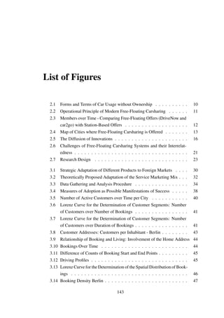 List of Figures
2.1 Forms and Terms of Car Usage without Ownership . . . . . . . . . . 10
2.2 Operational Principle of Modern Free-Floating Carsharing . . . . . . 11
2.3 Members over Time - Comparing Free-Floating Offers (DriveNow and
car2go) with Station-Based Offers . . . . . . . . . . . . . . . . . . . 12
2.4 Map of Cities where Free-Floating Carsharing is Offered . . . . . . . 13
2.5 The Diffusion of Innovations . . . . . . . . . . . . . . . . . . . . . . 16
2.6 Challenges of Free-Floating Carsharing Systems and their Interrelat-
edness . . . . . . . . . . . . . . . . . . . . . . . . . . . . . . . . . . 21
2.7 Research Design . . . . . . . . . . . . . . . . . . . . . . . . . . . . 23
3.1 Strategic Adaptation of Different Products to Foreign Markets . . . . 30
3.2 Theoretically Proposed Adaptation of the Service Marketing Mix . . . 32
3.3 Data Gathering and Analysis Procedure . . . . . . . . . . . . . . . . 34
3.4 Measures of Adoption as Possible Manifestations of Success . . . . . 38
3.5 Number of Active Customers over Time per City . . . . . . . . . . . 40
3.6 Lorenz Curve for the Determination of Customer Segments: Number
of Customers over Number of Bookings . . . . . . . . . . . . . . . . 41
3.7 Lorenz Curve for the Determination of Customer Segments: Number
of Customers over Duration of Bookings . . . . . . . . . . . . . . . . 41
3.8 Customer Addresses: Customers per Inhabitant - Berlin . . . . . . . . 43
3.9 Relationship of Booking and Living: Involvement of the Home Address 44
3.10 Bookings Over Time . . . . . . . . . . . . . . . . . . . . . . . . . . 44
3.11 Difference of Counts of Booking Start and End Points . . . . . . . . . 45
3.12 Driving Proﬁles . . . . . . . . . . . . . . . . . . . . . . . . . . . . . 45
3.13 Lorenz Curve for the Determination of the Spatial Distribution of Book-
ings . . . . . . . . . . . . . . . . . . . . . . . . . . . . . . . . . . . 46
3.14 Booking Density Berlin . . . . . . . . . . . . . . . . . . . . . . . . . 47
143
 