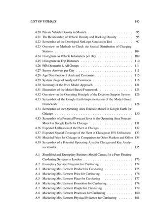 LIST OF FIGURES 145
4.20 Private Vehicle Density in Munich . . . . . . . . . . . . . . . . . . . 95
4.21 The Relationship of Vehicle Density and Booking Density . . . . . . 95
4.22 Screenshot of the Developed NetLogo Simulation Tool . . . . . . . . 97
4.23 Overview on Methods to Check the Spatial Distribution of Charging
Stations . . . . . . . . . . . . . . . . . . . . . . . . . . . . . . . . . 104
4.24 Histogram on Vehicle Kilometers per Day . . . . . . . . . . . . . . . 109
4.25 Histogram on Trip Distances . . . . . . . . . . . . . . . . . . . . . . 110
4.26 PSM Scenario 1, All Groups . . . . . . . . . . . . . . . . . . . . . . 114
4.27 Survey Answers per City . . . . . . . . . . . . . . . . . . . . . . . . 115
4.28 Age Distribution of Analyzed Customers . . . . . . . . . . . . . . . . 115
4.29 System Usage of Analyzed Customers . . . . . . . . . . . . . . . . . 116
4.30 Summary of the Price Model Approach . . . . . . . . . . . . . . . . 121
4.31 Illustration of the Model-Based Framework . . . . . . . . . . . . . . 125
4.32 Overview on the Operating Principle of the Decision Support System 126
4.33 Screenshot of the Google Earth-Implementation of the Model-Based
Framework . . . . . . . . . . . . . . . . . . . . . . . . . . . . . . . 128
4.34 Screenshot of the Operating Area Forecast Model in Google Earth for
Chicago . . . . . . . . . . . . . . . . . . . . . . . . . . . . . . . . . 130
4.35 Screenshot of a Potential Forecast Error in the Operating Area Forecast
Model in Google Earth for Chicago . . . . . . . . . . . . . . . . . . 131
4.36 Expected Utilization of the Fleet in Chicago . . . . . . . . . . . . . . 132
4.37 Expected Spatial Coverage of the Fleet in Chicago at 15% Utilization 133
4.38 Modeled Price for Chicago in Comparison to Other Markets and Offers 134
4.39 Screenshot of a Potential Operating Area for Chicago and Key Analy-
sis Results . . . . . . . . . . . . . . . . . . . . . . . . . . . . . . . . 135
A.1 Simpliﬁed and Exemplary Business Model Canvas for a Free-Floating
Carsharing Systems in London . . . . . . . . . . . . . . . . . . . . . 173
A.2 Exemplary Service Blueprint for Carsharing . . . . . . . . . . . . . . 174
A.3 Marketing Mix Element Product for Carsharing . . . . . . . . . . . . 175
A.4 Marketing Mix Element Price for Carsharing . . . . . . . . . . . . . 176
A.5 Marketing Mix Element Place for Carsharing . . . . . . . . . . . . . 177
A.6 Marketing Mix Element Promotion for Carsharing . . . . . . . . . . . 178
A.7 Marketing Mix Element People for Carsharing . . . . . . . . . . . . . 179
A.8 Marketing Mix Element Processes for Carsharing . . . . . . . . . . . 180
A.9 Marketing Mix Element Physical Evidence for Carsharing . . . . . . 181
 