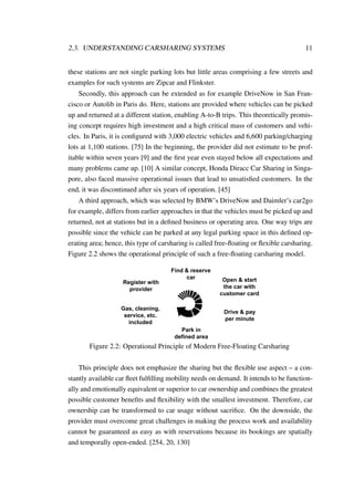 2.3. UNDERSTANDING CARSHARING SYSTEMS 11
these stations are not single parking lots but little areas comprising a few streets and
examples for such systems are Zipcar and Flinkster.
Secondly, this approach can be extended as for example DriveNow in San Fran-
cisco or Autolib in Paris do. Here, stations are provided where vehicles can be picked
up and returned at a different station, enabling A-to-B trips. This theoretically promis-
ing concept requires high investment and a high critical mass of customers and vehi-
cles. In Paris, it is conﬁgured with 3,000 electric vehicles and 6,600 parking/charging
lots at 1,100 stations. [75] In the beginning, the provider did not estimate to be prof-
itable within seven years [9] and the ﬁrst year even stayed below all expectations and
many problems came up. [10] A similar concept, Honda Diracc Car Sharing in Singa-
pore, also faced massive operational issues that lead to unsatisﬁed customers. In the
end, it was discontinued after six years of operation. [45]
A third approach, which was selected by BMW’s DriveNow and Daimler’s car2go
for example, differs from earlier approaches in that the vehicles must be picked up and
returned, not at stations but in a deﬁned business or operating area. One way trips are
possible since the vehicle can be parked at any legal parking space in this deﬁned op-
erating area; hence, this type of carsharing is called free-ﬂoating or ﬂexible carsharing.
Figure 2.2 shows the operational principle of such a free-ﬂoating carsharing model.
Open & start
the car with
customer card
Park in
defined area
Register with
provider
Find & reserve
car
Gas, cleaning,
service, etc.
included
Drive & pay
per minute
Figure 2.2: Operational Principle of Modern Free-Floating Carsharing
This principle does not emphasize the sharing but the ﬂexible use aspect – a con-
stantly available car ﬂeet fulﬁlling mobility needs on demand. It intends to be function-
ally and emotionally equivalent or superior to car ownership and combines the greatest
possible customer beneﬁts and ﬂexibility with the smallest investment. Therefore, car
ownership can be transformed to car usage without sacriﬁce. On the downside, the
provider must overcome great challenges in making the process work and availability
cannot be guaranteed as easy as with reservations because its bookings are spatially
and temporally open-ended. [254, 20, 130]
 