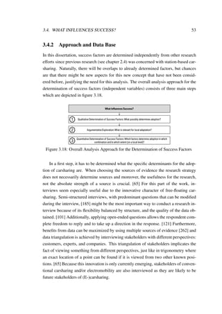 3.4. WHAT INFLUENCES SUCCESS? 53
3.4.2 Approach and Data Base
In this dissertation, success factors are determined independently from other research
efforts since previous research (see chapter 2.4) was concerned with station-based car-
sharing. Naturally, there will be overlaps to already determined factors, but chances
are that there might be new aspects for this new concept that have not been consid-
ered before, justifying the need for this analysis. The overall analysis approach for the
determination of success factors (independent variables) consists of three main steps
which are depicted in ﬁgure 3.18.
What Influences Success?
ArgumentativeExploration:What is relevant for local adaptation?
Qualitative Determination of Success Factors:What possibly determines adoption?
Quantitative Determination of Success Factors:Which factors determine adoption in which
combination andto which extent (on a local level)?
1
2
3
Figure 3.18: Overall Analysis Approach for the Determination of Success Factors
In a ﬁrst step, it has to be determined what the speciﬁc determinants for the adop-
tion of carsharing are. When choosing the sources of evidence the research strategy
does not necessarily determine sources and moreover, the usefulness for the research,
not the absolute strength of a source is crucial. [65] For this part of the work, in-
terviews seem especially useful due to the innovative character of free-ﬂoating car-
sharing. Semi-structured interviews, with predominant questions that can be modiﬁed
during the interview, [185] might be the most important way to conduct a research in-
terview because of its ﬂexibility balanced by structure, and the quality of the data ob-
tained. [101] Additionally, applying open-ended questions allows the respondent com-
plete freedom to reply and to take up a direction in the response. [121] Furthermore,
beneﬁts from data can be maximized by using multiple sources of evidence [262] and
data triangulation is achieved by interviewing stakeholders with different perspectives:
customers, experts, and companies. This triangulation of stakeholders implicates the
fact of viewing something from different perspectives, just like in trigonometry where
an exact location of a point can be found if it is viewed from two other known posi-
tions. [65] Because this innovation is only currently emerging, stakeholders of conven-
tional carsharing and/or electromobility are also interviewed as they are likely to be
future stakeholders of (E-)carsharing.
 