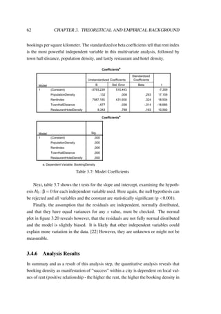 62 CHAPTER 3. THEORETICAL AND EMPIRICAL BACKGROUND
bookings per square kilometer. The standardized or beta coefﬁcients tell that rent index
is the most powerful independent variable in this multivariate analysis, followed by
town hall distance, population density, and lastly restaurant and hotel density.
Coefficients
a
Model
Unstandardized Coefficients
tB Std. Error Beta
1 (Constant)
PopulationDensity
RentIndex
TownHallDistance
RestaurantHotelDensity
-3793,239 515,443 -7,359 ,000
,132 ,008 ,293 17,109 ,000
7987,185 431,658 ,324 18,504 ,000
-,677 ,036 -,314 -18,685 ,000
8,343 ,788 ,193 10,593 ,000
Coefficientsa
Model Sig.
1 (Constant)
PopulationDensity
RentIndex
TownHallDistance
RestaurantHotelDensity
,000
,000
,000
,000
,000
a.
Seite 1
Table 3.7: Model Coefﬁcients
Next, table 3.7 shows the t tests for the slope and intercept, examining the hypoth-
esis H0 : β = 0 for each independent variable used. Here again, the null hypothesis can
be rejected and all variables and the constant are statistically signiﬁcant (p <0.001).
Finally, the assumption that the residuals are independent, normally distributed,
and that they have equal variances for any x value, must be checked. The normal
plot in ﬁgure 3.20 reveals however, that the residuals are not fully normal distributed
and the model is slightly biased. It is likely that other independent variables could
explain more variation in the data. [22] However, they are unknown or might not be
measurable.
3.4.6 Analysis Results
In summary and as a result of this analysis step, the quantitative analysis reveals that
booking density as manifestation of ”success” within a city is dependent on local val-
ues of rent (positive relationship - the higher the rent, the higher the booking density in
 