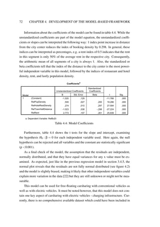 72 CHAPTER 4. DEVELOPMENT OF THE MODEL-BASED FRAMEWORK
Information about the coefﬁcients of the model can be found in table 4.4. While the
unstandardized coefﬁcients are part of the model equation, the unstandardized coefﬁ-
cients or slopes can be interpreted the following way: 1 index point increase in distance
from the city center reduces the index of booking density by 0.298. In general, these
indices can be interpreted as percentages, e.g. a rent index of 0.5 indicates that the rent
in this segment is only 50% of the average rent in the respective city. Consequently,
the arithmetic mean of all segments of a city is always 1. Also, the standardized or
beta coefﬁcients tell that the index of the distance to the city center is the most power-
ful independent variable in this model, followed by the indices of restaurant and hotel
density, rent, and lastly population density.
Coefficients
a
Model
Unstandardized Coefficients
Standardized
Coefficients
t Sig.B Std. Error Beta
1 (Constant)
RelPopDensity
RelHotelRestDensity
RelTownHallDistance
RelRent
-1,520 ,129 -11,766 ,000
,500 ,027 ,200 18,286 ,000
,274 ,010 ,297 27,594 ,000
-1,023 ,038 -,298 -27,224 ,000
2,773 ,107 ,261 25,939 ,000
Dependent Variable: RelBuDia.
Table 4.4: Model Coefﬁcients
Furthermore, table 4.4 shows the t tests for the slope and intercept, examining
the hypothesis H0 : β = 0 for each independent variable used. Here again, the null
hypothesis can be rejected and all variables and the constant are statistically signiﬁcant
(p <0.001).
As a ﬁnal check of the model, the assumption that the residuals are independent,
normally distributed, and that they have equal variances for any x value must be ex-
amined. As expected, just like in the previous regression model in section 3.4.5, the
normal plot reveals that the residuals are not fully normal distributed (see ﬁgure 4.2)
and the model is slightly biased, making it likely that other independent variables could
explain more variation in the data [22] but they are still unknown or might not be mea-
surable.
This model can be used for free-ﬂoating carsharing with conventional vehicles as
well as with electric vehicles. It must be noted however, that this model does not con-
tain one key aspect of carsharing with electric vehicles - charging infrastructure. Cur-
rently, there is no comprehensive available dataset which could have been included in
 