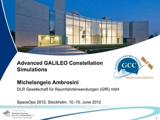 1
Advanced GALILEO Constellation
Simulations
Michelangelo Ambrosini
DLR Gesellschaft für Raumfahrtanwendungen (GfR) mbH
SpaceOps 2012, Stockholm, 10.-15. June 2012
 