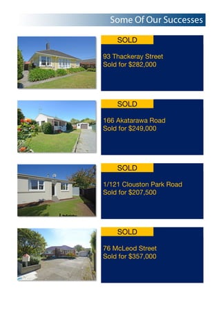 SOLD
93 Thackeray Street
Sold for $282,000
SOLD
166 Akatarawa Road
Sold for $249,000
SOLD
1/121 Clouston Park Road
Sold for $207,500
SOLD
76 McLeod Street
Sold for $357,000
 