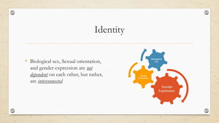 Identity
• Biological sex, Sexual orientation,
and gender expression are not
dependent on each other, but rather,
are interconnected
 