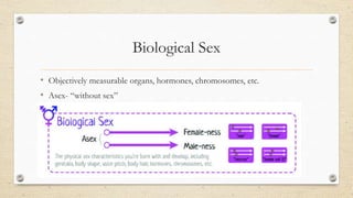 Biological Sex
• Objectively measurable organs, hormones, chromosomes, etc.
• Asex- “without sex”
 