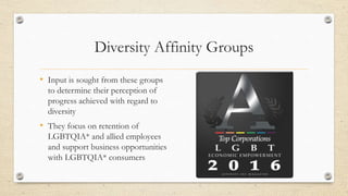 Diversity Affinity Groups
• Input is sought from these groups
to determine their perception of
progress achieved with regard to
diversity
• They focus on retention of
LGBTQIA* and allied employees
and support business opportunities
with LGBTQIA* consumers
 