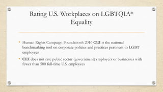 Rating U.S. Workplaces on LGBTQIA*
Equality
• Human Rights Campaign Foundation’s 2016 CEI is the national
benchmarking tool on corporate policies and practices pertinent to LGBT
employees
• CEI does not rate public sector (government) employers or businesses with
fewer than 500 full-time U.S. employees
 