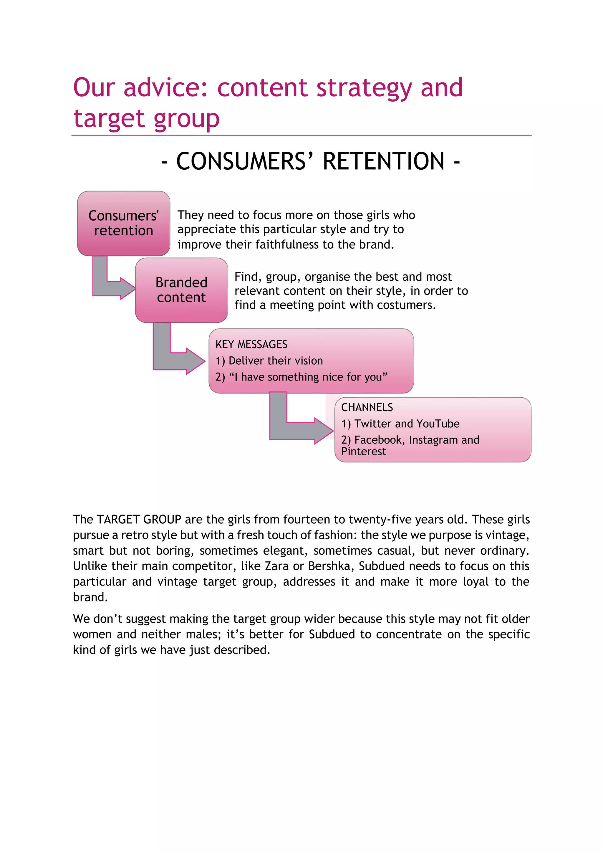 Our advice: content strategy and
target group
- CONSUMERS’ RETENTION -
The TARGET GROUP are the girls from fourteen to twenty-five years old. These girls
pursue a retro style but with a fresh touch of fashion: the style we purpose is vintage,
smart but not boring, sometimes elegant, sometimes casual, but never ordinary.
Unlike their main competitor, like Zara or Bershka, Subdued needs to focus on this
particular and vintage target group, addresses it and make it more loyal to the
brand.
We don’t suggest making the target group wider because this style may not fit older
women and neither males; it’s better for Subdued to concentrate on the specific
kind of girls we have just described.
Consumers'
retention
Branded
content
KEY MESSAGES
1) Deliver their vision
2) “I have something nice for you”
CHANNELS
1) Twitter and YouTube
2) Facebook, Instagram and
Pinterest
They need to focus more on those girls who
appreciate this particular style and try to
improve their faithfulness to the brand.
Find, group, organise the best and most
relevant content on their style, in order to
find a meeting point with costumers.
 