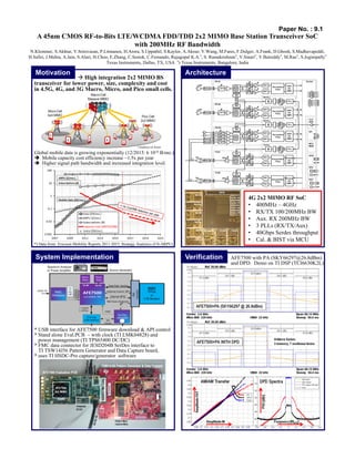 A 45nm CMOS RF-to-Bits LTE/WCDMA FDD/TDD 2x2 MIMO Base Station Transceiver SoC
with 200MHz RF Bandwidth
N.Klemmer, S.Akhtar, V.Srinivasan, P.Litmanen, H.Arora, S.Uppathil, S.Kaylor, A.Akour, V.Wang, M.Fares, F.Dulger, A.Frank, D.Ghosh, S.Madhavapeddi,
H.Safiri, J.Mehta, A.Jain, S.Aluri, H.Choo, E.Zhang, C.Sestok, C.Fernando, Rajagopal K.A.*, S. Ramakrishnan*, V.Sinari*, V.Baireddy*, M.Rao*, S.Joginipally*
Texas Instruments, Dallas, TX, USA *) Texas Instruments, Bangalore, India
Motivation Architecture
System Implementation Verification
Paper No. : 9.1
4G 2x2 MIMO RF SoC
• 400MHz – 4GHz
• RX/TX 100/200MHz BW
• Aux. RX 200MHz BW
• 3 PLLs (RX/TX/Aux)
• 40Gbps Serdes throughput
• Cal. & BIST via MCU
 High integration 2x2 MIMO BS
transceiver for lower power, size, complexity and cost
in 4.5G, 4G, and 3G Macro, Micro, and Pico small cells.
* USB interface for AFE7500 firmware download & API control
* Stand alone Eval.PCB – with clock (TI LMK04828) and
power management (TI TPS65400 DC/DC)
* FMC data connector for JESD204B SerDes interface to
TI TSW14J56 Pattern Generator and Data Capture board,
* uses TI HSDC-Pro capture/generator software
Global mobile data is growing exponentially (12/2015: 6 1018 B/mo.)
 Mobile capacity cost efficiency increase ~1.5x per year
 Higher signal path bandwidth and increased integration level.
*) Data from: Ericsson Mobility Reports 2011-2015, Strategy Analytics (US-ARPU)
AFE7500 with PA (SKY66297@26.8dBm)
and DPD. Demo on TI DSP (TCI6630K2L)
 