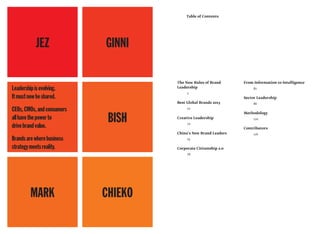 The New Rules of Brand
Leadership
2
Best Global Brands 2013
10
Creative Leadership
70
China’s New Brand Leaders
74
Corporate Citizenship 2.0
78
From Information to Intelligence
82
Sector Leadership
86
Methodology
120
Contributors
126
Table of Contents
Leadershipisevolving.
Itmustnowbeshared.
CEOs,CMOs,andconsumers
allhavethepowerto
drivebrandvalue.
Brandsarewherebusiness
strategymeetsreality.
JEZ GINNI
MARK
BISH
CHIEKO
 