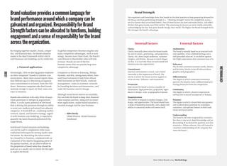 Best Global Brands 2013 / Methodology124
By bringing together market, brand, compet-
itor, and ﬁnancial data, the brand valuation
model is the ideal framework within which
such business case modeling can be conducted.
3. Financial applications
Increasingly, CEOs are placing greater emphasis
on their companies’ brands in investor com-
munications. Many more annual reports these
days dedicate space to discussing an organiza-
tion’s commitment to its brand, from the CEO
down. Numerous companies take their brands
seriously enough to report on their value over
time to investors.
Brands also continue to be a key driver of acqui-
sition premiums in mergers & acquisitions.
Often, it is the latent potential of the brand
that is driving this premium through its ability
to enter new markets and extend into adjacent
categories. A broad skill set, combining market
research, brand, and business strategy, togeth-
er with business case modeling, is required to
quantify the latent ﬁnancial potential of the
target brand.
Interbrand’s brand valuation methodology
can also be used to complement other more
traditional techniques for setting royalty rates
for brands. By identifying the value created
by a brand for its business, combined with an
evaluation of the relative bargaining power of
the parties involved, we are able to advise on
the proportion of brand value that should be
paid out as a royalty rate in return for the right
to exploit the brand.
As global competition becomes tougher and
many competitive advantages, such as tech-
nology, become more short-lived, the brand’s
contribution to shareholder value will only
increase. Brands are one of the few
business assets that can provide long-term
competitive advantage.
Companies as diverse as Samsung, Philips,
Hyundai, and AXA, among many others, have
used brand valuation to help them refocus
their businesses on their brands, motivate
management, create an economic rationale
for branding decisions and investments, and
make the business case for change.
Although many brand metrics are available,
few can link the brand to long-term ﬁnancial
value creation and this, along with its many
other applications, makes brand valuation a
versatile strategic tool for your business.
— Mike Rocha
Global Director, Brand Valuation,
Interbrand
Brandvaluationprovidesacommonlanguagefor
brandperformancearoundwhichacompanycanbe
galvanizedandorganized.ResponsibilityforBrand
Strengthfactorscanbeallocatedtofunctions,building
engagementandasenseofresponsibilityforthebrand
acrosstheorganization. Internal factors
Clarity
Clarity internally about what the brand stands
for and its values, positioning, and proposition.
Clarity, too, about target audiences, customer
insights, and drivers. Because so much hinges
on this, it is vital that these are articulated and
shared across the organization.
Commitment
Internal commitment to brand, and a belief
internally in the importance of brand. The
extent to which the brand receives support in
terms of time, inﬂuence, and investment.
Protection
How secure the brand is across a number of
dimensions: legal protection, proprietary ingre-
dients or design, scale, or geographical spread.
Responsiveness
The ability to respond to market changes, chal-
lenges, and opportunities. The brand should have
a sense of leadership internally, and a desire and
ability to constantly evolve and renew itself.
External factors
Authenticity
The brand is soundly based on an internal truth
and capability. It has a deﬁned heritage and a
well-grounded value set. It can deliver against
the (high) expectations that customers have of it.
Relevance
The ﬁt with customer/consumer needs, desires,
and decision criteria across all relevant demo-
graphics and geographies.
Differentiation
The degree to which customers/consumers
perceive the brand to have a differentiated posi-
tioning distinctive from the competition.
Consistency
The degree to which a brand is experienced
without fail across all touchpoints or formats.
Presence
The degree to which a brand feels omnipresent
and is talked about positively by consumers,
customers, and opinion formers in both tradi-
tional and social media.
Understanding
The brand is not only recognized by customers,
but there is also an in-depth knowledge and un-
derstanding of its distinctive qualities and char-
acteristics. (Where relevant, this will extend to
consumer understanding of the company that
owns the brand.)
Brand Strength
Our experience and knowledge show that brands in the ideal position to keep generating demand for
the future are those performing strongly (i.e.,“showing strength” versus the competition across a
set of 10 factors that are outlined below). Four of these factors are more internally driven, and reﬂect
the fact that great brands start from within. The remaining six factors are more visible externally,
acknowledging the fact that great brands change their world. The higher the Brand Strength Score,
the stronger the brand’s advantage.
METHODOLOGY
LEAD
 