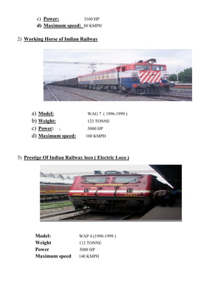 c) Power: 3160 HP
d) Maximum speed: 80 KMPH
2) Working Horse of Indian Railway
a) Model: WAG 7 ( 1996-1999 )
b) Weight: 123 TONNE
c) Power: ; 5000 HP
d) Maximum speed: 100 KMPH
3) Prestige Of Indian Railway loco ( Electric Loco )
Model: WAP 4 (1998-1999 )
Weight 112 TONNE
Power 5000 HP
Maximum speed 140 KMPH
 