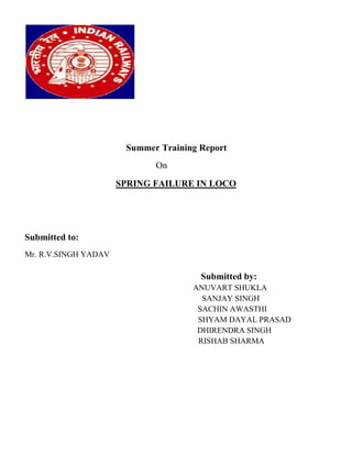 Summer Training Report
On
SPRING FAILURE IN LOCO
Submitted to:
Mr. R.V.SINGH YADAV
Submitted by:
ANUVART SHUKLA
SANJAY SINGH
SACHIN AWASTHI
SHYAM DAYAL PRASAD
DHIRENDRA SINGH
RISHAB SHARMA
 