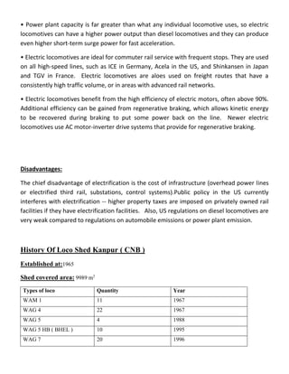 • Power plant capacity is far greater than what any individual locomotive uses, so electric
locomotives can have a higher power output than diesel locomotives and they can produce
even higher short-term surge power for fast acceleration.
• Electric locomotives are ideal for commuter rail service with frequent stops. They are used
on all high-speed lines, such as ICE in Germany, Acela in the US, and Shinkansen in Japan
and TGV in France. Electric locomotives are aloes used on freight routes that have a
consistently high traffic volume, or in areas with advanced rail networks.
• Electric locomotives benefit from the high efficiency of electric motors, often above 90%.
Additional efficiency can be gained from regenerative braking, which allows kinetic energy
to be recovered during braking to put some power back on the line. Newer electric
locomotives use AC motor-inverter drive systems that provide for regenerative braking.
Disadvantages:
The chief disadvantage of electrification is the cost of infrastructure (overhead power lines
or electrified third rail, substations, control systems).Public policy in the US currently
interferes with electrification -- higher property taxes are imposed on privately owned rail
facilities if they have electrification facilities. Also, US regulations on diesel locomotives are
very weak compared to regulations on automobile emissions or power plant emission.
History Of Loco Shed Kanpur ( CNB )
Established at:1965
Shed covered area: 9989 m2
Types of loco Quantity Year
WAM 1 11 1967
WAG 4 22 1967
WAG 5 4 1988
WAG 5 HB ( BHEL ) 10 1995
WAG 7 20 1996
 