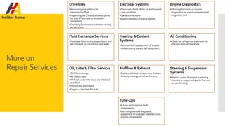 More on
RepairServices
Drivelines
•Measuring and refilling the
transmission fluid
•Inspecting the CV and universal joints
for loss of lubricant or excessive
movement
•Checking for noises or vibration during
acceleration
Electrical Systems
•Thorough check of the car battery and
case condition
•Cable connections
•Assess vehicle’s charging system
Engine Diagnostics
•Thoroughly check car engine
diagnostics by use of computerized
diagnostic tool
Fluid Exchange Services
•Fluids are filled to the proper level, and
are checked for cleanliness and leaks
Heating & Coolant
Systems
•Removal and replacement of engine
coolant using state of art equipment
Air Conditioning
•Check for refrigerant leaks and the
interior cabin temperature
Oil, Lube & Filter Services
•Oil filters change
•Air filters check
•All fluids under the hood are checked
and filled
•Fittings are lubricated
•Engine is checked for leaks
Mufflers & Exhaust
•Replace exhaust components that are
broken, missing, or not performing
Steering & Suspension
Systems
•Replace worn, damaged or missing
steering or suspension parts that are
not performing
Tune-Ups
•A tune up to replace faulty
components,
•Use computerized diagnostic
equipment to evaluate vital electronic
engine components
 