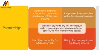 Partnerships
Expert auto-mechanic
advisors and consultants
based out of UK, Germany
and UAE
Large base of parts suppliers
within Pakistan and overseas
Use of partner facility for
extraordinary jobs
Hiring of services/equipment
e.g. towing services
We do not say ‘no’ to any job. Therefore, in
order to provide you with seamless and expert
services, we work with following bodies :
 