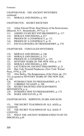 Footnotes
CHAPTER FOUR: THE ANCIENT MYSTERIES
continued
111. MORALS AND DOGMA, p. 363
CHAPTER FIVE: SECRET SOCIETIES
112. Arthur Edward Waite, Real History of the Rosicrucians,
(Blauvelt, N.Y.: Steinerbooks, 1977), p. A
113. AMERICA'S SECRET ESTABLISHMENT, p. 117
114. MORALS AND DOGMA, p. 817
115. PROOFS OF A CONSPIRACY, p. 112
116. PROOFS OF A CONSPIRACY, p. 91
117. ENCYCLOPAEDIA OF FREEMASONRY, p. 574
CHAPTER SIX: CONCEALED MYSTERIES
118. MORALS AND DOGMA, p. 246
119. MORALS AND DOGMA, p. 331
120. PROOFS OF A CONSPIRACY, p. 129
121. MYSTERY MARK OF THE NEW AGE, p. 119
122. MORALS AND DOGMA, p. 849
123. LECTURES ON ANCIENT PHILOSOPHY, p. 21
124. Max Toth, Pyramid Prophecies, (New York: Warner
Press, 1979), p. 239
125. Alice Bailey, The Reappearance of the Christ, pp. 121-
123, as quoted in MYSTERY MARK OF THE NEW AGE,
p. 241
126. INTRODUCTION TO FREEMASONRY, p. 9
127. A BRIDGE TO LIGHT, p. 100
128. SECRET SOCIETIES AND SUBVERSIVE
MOVEMENTS, p. iv
129. INTRODUCTION TO FREEMASONRY, p. 172
130. MARX AND SATAN, p. 59
CHAPTER SEVEN: SERPENTS, STARS AND SUNS
131. THE SECRET TEACHINGS OF ALL AGES, p.
LXXXVIII
132. THE SECRET TEACHINGS OF ALL AGES. P.
LXXXVIII
133. WHAT THE ANCIENT WISDOM EXPECTS OF ITS
DISCIPLES, p.29
320
 