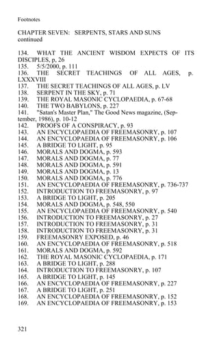 Footnotes
CHAPTER SEVEN: SERPENTS, STARS AND SUNS
continued
134. WHAT THE ANCIENT WISDOM EXPECTS OF ITS
DISCIPLES, p, 26
135. 5/5/2000, p. 111
136. THE SECRET TEACHINGS OF ALL AGES, p.
LXXXVIII
137. THE SECRET TEACHINGS OF ALL AGES, p. LV
138. SERPENT IN THE SKY, p. 71
139. THE ROYAL MASONIC CYCLOPAEDIA, p. 67-68
140. THE TWO BABYLONS, p. 227
141. "Satan's Master Plan," The Good News magazine, (Sep-
tember, 1986), p. 10-12
142. PROOFS OF A CONSPIRACY, p. 93
143. AN ENCYCLOPAEDIA OF FREEMASONRY, p. 107
144. AN ENCYCLOPAEDIA OF FREEMASONRY, p. 106
145. A BRIDGE TO LIGHT, p. 95
146. MORALS AND DOGMA, p. 593
147. MORALS AND DOGMA, p. 77
148. MORALS AND DOGMA, p. 591
149. MORALS AND DOGMA, p. 13
150. MORALS AND DOGMA, p. 776
151. AN ENCYCLOPAEDIA OF FREEMASONRY, p. 736-737
152. INTRODUCTION TO FREEMASONRY, p. 97
153. A BRIDGE TO LIGHT, p. 205
154. MORALS AND DOGMA, p. 548, 550
155. AN ENCYCLOPAEDIA OF FREEMASONRY, p. 540
156. INTRODUCTION TO FREEMASONRY, p. 27
157. INTRODUCTION TO FREEMASONRY, p. 31
158. INTRODUCTION TO FREEMASONRY, p. 31
159. FREEMASONRY EXPOSED, p. 46
160. AN ENCYCLOPAEDIA OF FREEMASONRY, p. 518
161. MORALS AND DOGMA, p. 592
162. THE ROYAL MASONIC CYCLOPAEDIA, p. 171
163. A BRIDGE TO LIGHT, p. 288
164. INTRODUCTION TO FREEMASONRY, p. 107
165. A BRIDGE TO LIGHT, p. 145
166. AN ENCYCLOPAEDIA OF FREEMASONRY, p. 227
167. A BRIDGE TO LIGHT, p. 251
168. AN ENCYCLOPAEDIA OF FREEMASONRY, p. 152
169. AN ENCYCLOPAEDIA OF FREEMASONRY, p. 153
321
 