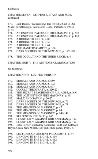 Footnotes
CHAPTER SEVEN: SERPENTS, STARS AND SUNS
continued
170. Jack Harris, Freemasonry: The Invisible Cult in Our
Midst, (Chattanooga, Tennessee: Global Publishers, 1983),
p. 34
171. AN ENCYCLOPAEDIA OF FREEMASONRY, p. 655
172. AN ENCYCLOPAEDIA OF FREEMASONRY, p. 153
173. A BRIDGE TO LIGHT, p. 80
174. A BRIDGE TO LIGHT, p. 58
175. A BRIDGE TO LIGHT, p. 64
176. THE MASTERS CARPET, p. 306
177. DARK SECRETS OF THE NEW AGE, p. 197-198
178. THE OCCULT AND THE THIRD REICH, p. 4
CHAPTER EIGHT: THE AUTHOR'S CLARIFICATION
No footnotes
CHAPTER NINE: LUCIFER WORSHIP
179. MORALS AND DOGMA, p. 859
180. MORALS AND DOGMA, p. 102
181. MORALS AND DOGMA, p. 697
182. OCCULT THEOCRASY, p. 220-221
183. THE SECRET TEACHINGS OF ALL AGES, p. XXI
184. THE LOST KEYS OF FREEMASONRY, p. 48
185. MARX AND SATAN, p. 26-27
186. DARK SECRETS OF THE NEW AGE, p. 76
187. DARK SECRETS OF THE NEW AGE, p. 74
188. THE MEANING OF MASONRY, p. 47
189. THE MEANING OF MASONRY, p. 94
190. THE MEANING OF MASONRY, p. 140-141
191. SERPENT IN THE SKY, p. 145
192. CONSPIRACY AGAINST GOD AND MAN, p. 194
193. CONSPIRACY AGAINST GOD AND MAN, p. 194
194. John Denver, quoted by Samantha Smith and Kathleen
Hayes, Grave New World, (self-published paper, 1986), p.
4
195. LECTURES ON ANCIENT PHILOSOPHY, p. 64
196. DANCING IN THE LIGHT, p. 104
197. DANCING IN THE LIGHT, p. 112
198. DANCING IN THE LIGHT, p. 42
322
 