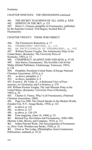 Footnotes
CHAPTER NINETEEN: THE FREEMASONS continued
441. THE SECRET TEACHINGS OF ALL AGES, p. XXII
442. SERPENT IN THE SKY, p. 123
443. Henry C. Clausen, pamphlet on Freemasonry, published
by the Supreme Council, 33rd Degree, Scottish Rite of
Freemasonry
CHAPTER TWENTY: THOSE WHO OBJECT
444. The Freemason's Repository, p. 17
445. FREEMASONRY EXPOSED, p. iii
446. AN ENCYCLOPAEDIA OF FREEMASONRY, p. 492
447. William Preston Vaughn, The Antimasonic Party in the
United States, (Kentucky: The University Press of
Kentucky, 1983), p. 13
448. CONSPIRACY AGAINST GOD AND MAN, p. 57-58
449. Jack Harris, Freemasonry: The Invisible Cult In Our
Midst, (Global Publishers: Chattanooga, Tennessee, 1983),
p. 128
450. Pamphlet, Presidents United States, (Chicago National
Christian Association, 1953), p. 6
451. as above, pamphlet, p. 7
452. as above, pamphlet, p. 8
453. Everett C. De Velde, Jr., A Reformed View of Free-
masonry, in Christianity and Civilization, p. 278
454. William Preston Vaughn, The Anti-Masonic Party in the
United States, (Kentucky: University Press of Kentucky,
1983), p. 29
455. Charles G. Finney, Why I Left Freemasonry, (National
Christian Association, 1868)
456. Pope Leo XIII, The Church Speaks fo the Modern World,
(Garden City, N.Y.: Image Books, 1954), p. 122
457. as above, p. 123
458. as above, p. 127
459. as above, p. 128-129
460. Time magazine, (June 18, 1984), p. 52
461. Bernard Fay, Revolution and Freemasonry, 1680-1800,
(Boston: Little, Brown, and Company, 1935), p. 111
462. Arthur Edward Waite, The Encyclopaedia of Freemason-
ry, (New York: Weathervane Books, 1920), p. 32
463. Christ or The Lodge, (Philadelphia: Great Commission
Publications, undated), p. 22-23
331
 