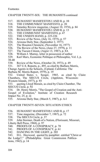 Footnotes
CHAPTER TWENTY-SIX: THE HUMANISTS continued
517. HUMANIST MANIFESTOS I AND II, p. 10
518. THE COMMUNIKST MANIFESTO, p. 20
519. Saturday Review magazine, (August 10, 1974), p. 84
520. HUMANIST MANIFESTOS I AND II, p. 13
521. THE COMMUNIST MANIFESTO, p. 47
522. THE UNSEEN HAND, p. 225-226
523. Review of the News, (July 16, 1975), p. 57
524. Arizona Daily Star, (September 2, 1977)
525. The Houston Chronicle, (November 16, 1977)
526. The Review of the News, (June 27, 1979), p. 11
527. The Tucson Citizen, (Aigist 13, 1987), p. 8A
528. William J. Murray, letter in possession of author
529. Karl Marx, Economic Politique et Philosophie, Vol. I, p.
38-40
530. Review of the News, (October 24, 1973), p. 49
531. 367 U.S. Reports, p., 495, as cited by Barbara Morris,
Change Agents in the Schools, (Upland, California: The
Barbara M. Morris Report, 1979), p. 19
532. United States v. Seeger, 1965, as cited by Claire
Chambers, The SIECUS Circle, (Appleton, Wisconsin:
Western Islands, 1977), p. 93
533. quoting Lloyd Morain, as cited by Claire Chamber, The
SIECUS Circle, p. 92
534. Dr. Henry Morris, "The Gospel of Creation and the Anti-
Gospel of Evolution," Institute of Creation Research
Impact No. 25, p. iii
535. Arizona Daily Star, (March 5, 1987), p. A-l
CHAPTER TWENTY-SEVEN: SITUATION ETHICS
536. HUMANIST MANIFESTOS I AND II, p. 17
537. Time magazine, (December 7, 1987), p. 72
538. The SIECUS Circle, p. 37
539. John Stormer, Death of a Nation, (Florissant, Missouri,
Liberty Bell Press, 1968), p. 97
540. PROOFS OF A CONSPIRACY, p. 78
541. PROOFS OF A CONSPIRACY, p. 61
542. DANCING IN THE LIGHT, p. 203
543. H.L. Haywood, quoted by pamphlet entitled "Christ or
the Lodge?," (Philadelphia: Great Commission Publica-
tions, 1942), p. 14
334
 