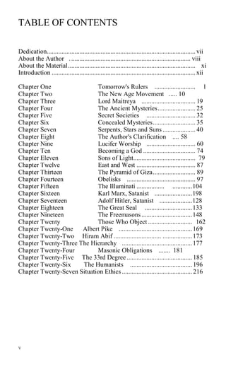 TABLE OF CONTENTS
Dedication........................................................................................... vii
About the Author .......................................................................... viii
About the Material.............................................................................. xi
Introduction ........................................................................................ xii
Chapter One Tomorrow's Rulers ......................... 1
Chapter Two The New Age Movement ..... 10
Chapter Three Lord Maitreya ................................. 19
Chapter Four The Ancient Mysteries....................... 25
Chapter Five Secret Societies .............................. 32
Chapter Six Concealed Mysteries.......................... 35
Chapter Seven Serpents, Stars and Suns .................... 40
Chapter Eight The Author's Clarification .... 58
Chapter Nine Lucifer Worship .............................. 60
Chapter Ten Becoming a God ................................ 74
Chapter Eleven Sons of Light...................................... 79
Chapter Twelve East and West .................................... 87
Chapter Thirteen The Pyramid of Giza.......................... 89
Chapter Fourteen Obelisks .......................................... 97
Chapter Fifteen The Illuminati ................. ............104
Chapter Sixteen Karl Marx, Satanist .......................198
Chapter Seventeen Adolf Hitler, Satanist ....................128
Chapter Eighteen The Great Seal .............................133
Chapter Nineteen The Freemasons...............................148
Chapter Twenty Those Who Object ........................... 162
Chapter Twenty-One Albert Pike .............................................169
Chapter Twenty-Two Hiram Abif ............................. ..................173
Chapter Twenty-Three The Hierarchy ...........................................177
Chapter Twenty-Four Masonic Obligations ....... 181
Chapter Twenty-Five The 33rd Degree ........................................ 185
Chapter Twenty-Six The Humanists ...................................... 196
Chapter Twenty-Seven Situation Ethics ........................................... 216
V
 