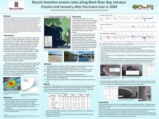 Recent shoreline erosion rates along Black River Bay, Jamaica:
Erosion and recovery after Hurricane Ivan in 2004
Karen Zelzer Missouri State University, Dr. Robert Pavlowsky Missouri State University
Abstract
Rising sea level is threatening coastal areas, particularly those in the Caribbean which rely heavily
on tourism and marine resources to support its economy. The purpose of this study is to analyze
shoreline position along the south coast of Jamaica to determine the locations and rates of
coastal change. IKONOS satellite imagery sets for 2003, 2007 and 2012 were used to monitor land
use and shoreline changes along Black River Bay, including Galleon Beach Fish Sanctuary, in St.
Elizabeth, Jamaica. In particular, the effect of Hurricane Ivan in 2004 on shoreline changes was
evaluated. Erosion rates were significantly higher during 2003-2007, the period including
Hurricane Ivan (-0.90 m/yr), with reduced erosion rates and some recovery by deposition
observed during the post-hurricane period (0.21 m/yr). Little to no changes were observed along
limestone headlands and mangrove swamps with highest rates on sandy beaches lacking offshore
coral reef protection and exposed to storm waves. Overall, shoreline recession averaged -0.31
m/yr during the study period with a peak erosion rate of -1.13 m/yr at Parrottee Point. Within the
next 10 to 30 years, an expected 9 km of mangrove swamps and over 100 buildings are at risk due
to sea level rise and shoreline erosion.
Introduction
Study Area
Black River Bay (Figure 3) is one of
Jamaica’s oldest towns and has a population
of over 5,000. The bay is located along the
Southwest coast of Jamaica with a mix of
sandy beaches, mangroves and limestone
headlands (Figure 4 & 5). Most of the land
surrounding the bay is ≤ 3 m elevation and
composed of alluvium and/or marine
deposits.
Urban development is located around
the mouth of the Black River and some
property damage due to SLR has already
been observed (Figure 6). The main
beaches are located at Malcolm Bay, Black
River East, Parrottee Pond and at Parrottee
Point. 55% of the shoreline has some level
of reef protection and 51% of the shoreline
is composed of mangrove forests located
within 100 m from the shore.
Objectives
(1) Geospatially determine patterns of shoreline erosion and
accretion rates for 30 km of shoreline over the past 10
years including the effects of Hurricane Ivan in 2004
(2) Determine the relationships between erosion patterns and
shoreline orientation, geology, vegetation, and beach
composition
(3) Identify coastal areas and related land uses at risk due to
future shoreline erosion.
Methods
(1) Acquired QuickBird and GeoEye satellite imagery from Digital Globe for the years
2003, 2007 and 2012. Spatial resolution ranged from 0.6 m to 2.4 m.
(2) Images mosaicked, rectified using GCPs and projected to UT _WGS 84, zone 18N.
(3) Digitized vegetation and waterline for each year at a 1:1,250 scale and created
transects spaced at 50 m intervals.
(4) Measured change between each digitized vegetation and waterline.
(5) Determined rates of change for the storm period (2003-2007), post-storm period
(2007-2012) and overall (2003-2012).
(6) Use rates and SLR rate to predict land loss along Black River Bay for the next 10 to 30
years.
The sandy beaches of Jamaica are important in supporting
the county’s economy through tourism, coastal resources, and
marine resources (Cambers, 2009). Sandy beaches are being
threatened by storm events, sea level rise (SLR) and shoreline
erosion. Shoreline changes are generally related to: natural
processes associated with long-tern geomorphic evolution;
hurricanes and other wind-producing systems; human
modifications of the shoreline and sediment budget; and sea-
level change related to climate variability (Zhang et al., 2004)
Hurricane Ivan in 2004 was a category 5 hurricane that
occurred 32 km from the south coast of Jamaica (Figure 1).
Winds reached up to 180 km/hr producing swells between 2
and 8 meters in height (Economic Commissions for Latin
America and the Caribbean, 2004).
SLR as well as human interaction with the coast influence the
rate at which shorelines are changing. Sea level has gradually
increased since the last glacial maximum (Robinson and
Hendry, 2012); however rates have accelerated within the last
100 years due to climate change. Global mean sea level
(GMSL) is currently at 3 mm/yr (National Geographic, 2014;
IPCC, 2014). The IPCC projects SLR to increase to 0.18 m to
0.59 m by the year 2100 (Figure 2).
Figure 1. Hurricane Ivan in 2004. This Category 5
storm traveled within 32 km of the Southwest
coast of Jamaica and produced 180 km/hr winds
(NOAA, 2004). Figure 2. IPCC projections for global SLR. Rates are
expected to increase to 0.18 m/yr to 0.59 m/yr by 2100
(IPCC, 2013).
Table 1. Rates of shoreline change along Black River Bay.
Conclusions
(1) Overall rate of erosion of -0.31 m/yr observed for the either Black River Bay. Increased erosion
rates observed during the storm period (-0.90 m/yr) and recovery observed during the post-storm
period (+0.21 m/yr).
(2) Hot spots experience higher erosion rates and are expected to experience greater shoreline loss
over the next 10 to 30 years which put mangrove swamps and urban structures at risk.
(3) Cold spots experienced little to no change since these areas are mainly resistant shorelines with
little to no sandy beaches present. CS 2 is the main area where accretion is observed. Cold spots are
expected to remain stable or accrete over the next 10 to 30 years.
Figure 3. Black River Bay. The bay has a 30 km shoreline with the main sandy
beaches located at Malcolm Bay, south of the Black River, and Parrottee Point.
Results
Overall rate of -0.31 m/yr over the 9 year period with increased rates along Malcolm Bay,
Parrottee Pond and Parrottee Point and decreased rates along Hunts and Hodges Bay.
Accretion was observed in zone 6, south of the Black River(Table 1 & 2). For this study,
negative values represent erosion and positive values represent accretion.
Figure 4. Sandy beach along Parrottee Point
• Erosion Rates were highest during the storm period (2003-07) and an overall rate of
-0.90 m/yr was observed.
• Recovery was observed in most areas during the post-storm period (2007-12) at an
average rate of 0.21 m/yr.
• Areas with the highest rates of erosion, or hot spots, were observed downshore from Fonthill (HS
1), at Malcolm Bay (HS2), Parrottee Bay (HS 3) and Parrottee Point (HS 4).
• Areas that experienced little to no change or accreted over the study period are considered cold
spots. These were observed at Hunts and Hodges Bay (CS 1), Black River East (CS 2) and Starve Gut
Bay (CS 3).
Label
Rate of Change
(m/yr)
HS 1 -1.4
HS 2 -1.1
HS 3 -1.7
HS -4.7
CS 1 0
CS 2 +1.8
CS 3 0
Table 2. Rates at hot spots and cold spots.
Figure 7. Vegetation changes from 2003 to 2012. (a) The storm period (2003-07) experienced overall erosion. (b) The post-storm period (2007-12) experienced mainly recovery.
(c) the net vegetation change from 2003-2012 shows the overall erosion that occurred along Black River Bay.
Figure 8. Examples of hot spots and cold spots. HS 4 is located
at Parrottee point and experienced an average loss of -4.7
m/yr with a maximum change of -77 m.
• Parrottee Point (HS 4) is a sand spit (Figure 8). This explains the high rate of change that occurred
at this location.
• Other areas where hot spots are observed are where sandy shorelines are located. Cold spots are
mainly resistant shorelines with little to no sandy beaches present. CS 3 (Figure 9) is where the
most accretion occurs likely due to the calm environment and discharge from the Black River.
Figure 10. Predicted shoreline loss. (a) Malcolm Bay
(b) Buildings at risk located at Parrottee Pond.
(b)(a)
Zone
Estimated Annual Rate
(m/yr)
Change in 10
years (m)
Change in 30
years (m)
Whole Bay -0.31 -6 -18
1 -0.42 -8 -22
2 -0.37 -7 -20
3 -0.03 -3 -9
4 -0.22 -5 16
5 -0.05 -4 -10
6 +0.47 +8 +23
7 -0.25 -6 -17
8 -0.67 -10 -29
9 -1.13 -14 -43
10 -0.44 -7 -22
HS 1 -1.4 -17 -51
HS 2 -1.1 -14 -42
HS 3 -1.7 -20 -60
HS 4 -4.7 -50 -150
CS 1 0 -3 -9
CS 2 +1.8 +21 +63
CS 3 0 -3 -9
Table 3. Predicted shoreline loss.
CS 2 CS 3
Figure 9. CS 2 is located at Hunts bay and Hodges Bay where
little sand is found and most of the shoreline is mangrove
swamps.
Figure 5. Mangroves along Hunts Bay Figure 6. Property damage due to SLR.
• Predicted shoreline loss (Table 4) is expected to be the highest in hot spot areas and lowest in cold
spot areas. Malcolm Bay (Figure 10a) could experience a loss of -14 m in the next 10 years and -42
m in the next 30 years. Buildings along Black River Bay are at risk (Figure 10b).
Cambers, G. (2009). Caribbean beach changes and climate change adaptation. Aquatic Ecosystem Health & Management, 12(2), 168-176. doi:10.1080/14634980902907987
Cubasch, U., D. Wuebbles, D. Chen, M.C. Facchini, D. Frame, N. Mahowald, and J.-G. Winther, 2013: Introduction. In: Climate Change 2013: The Physical Science Basis. Contribution of Working Group I to the Fifth
Assessment Report of the Intergovernmental Panel on Climate Change [Stocker, T.F., D. Qin, G.-K. Plattner, M. Tignor, S.K. Allen, J. Boschung, A. Nauels, Y. Xia, V. Bex and P.M. Midgley (eds.)]. Cambridge University Press,
Cambridge, United Kingdom and New York, NY, USA
Zhang, K., Douglas, B C., & Leatherman, S. P. (2004). Global warming and coastal erosion. Climatic Change, 64, 41-58.
References:
Geographic Zone Transects
2003-07 Rates
(m/yr)
2007-12 Rates
(m/yr)
2003-2012 Rates
(m/yr)
Recovery Rates
(m/yr)
Numb Name (n) Mean Min Max Mean Min Max Mean Min Max Mean
1 Fonthill 87 -0.72 -0.34 0.30 -0.16 -2.70 0.0 -0.42 -2.90 0.29 0.56
2 Malcolm Bay 72 -0.66 -1.90 0.01 -0.12 -0.70 0.50 -0.37 -1.90 0.01 0.54
3 Hunt Bay 33 -0.10 -1.00 1.13 0.03 0.0 0.40 -0.03 -1.04 1.13 0.13
4 Hodgens Bay 40 -0.55 -1.50 0.0 0.08 -0.25 0.80 -0.22 -1.30 0.22 0.63
5 Black River Bay West 39 -0.44 -0.79 0.0 0.29 0.0 1.75 -0.05 -0.80 1.75 0.73
6 Black River Bay East 88 -0.20 -1.70 1.23 1.06 -0.30 3.20 0.47 -1.70 3.15 0.80
7 Parrottee Pond 170 -0.75 -1.50 0.56 0.20 -0.60 1.00 -0.25 -1.70 0.97 0.95
8 Parrottee Bay 38 -1.31 -1.90 0.0 -0.10 -1.40 1.20 -0.67 -2.92 1.24 1.21
9 Parrottee Point 54 -2.88 -7.90 1.20 0.44 -1.20 2.40 -1.13 -8.09 2.03 3.32
10 Starve Gut Bay 78 -1.38 -2.70 0.0 0.40 -0.30 1.04 -0.44 -2.98 0.28 1.78
Annual Rate (m/yr) -0.90 0.21 -0.31 1.07
 