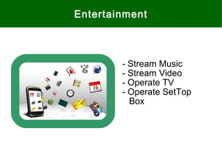 - Stream Music
- Stream Video
- Operate TV
- Operate SetTop
Box
Entertainment
 
