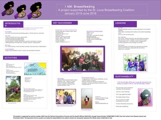 I AM: Breastfeeding
A project supported by the St. Louis Breastfeeding Coalition
January 2015-June 2016
I AM: Breastfeeding
A project supported by the St. Louis Breastfeeding Coalition
January 2015-June 2016
Introductio
n
Lessons
Learned
This project is supported by contract number XXXX from the National Association of County and City Health Officials (NACCHO), through Award Number 3U38OT000172-02S1 from the Centers from Disease Control and
Prevention (CDC). This document and its contents are solely the responsibility of its authors and do not necessarily represent the official views of NACCHO or CDC.
INTRODUCTIO
N
ACTIVITIES
KEY SUCCESSES LESSONS
LEARNED
SUSTAINABILITY
Events
Miracle Milk Stroll, 2015
Father’s Day Picnic
MILK, a documentary film
Exhibit at Perinatal Mood Disorders Conference
Outreach
African Arts Festival
Strong Women and Families Health Fair
AKA Back to School Fair
La Leche League Conference
Professional Development
•Congratulations to Asha, Denecia, and Brittany, our new
Certified Lactation Counselors.
•Myesha continues her education to maintain her
credential as an International Board Certified Lactation
Consultant (IBCLC)
Partnerships
Maternal Child and Family Health Coalition
Raising St. Louis – Parents as Teachers
Great Circle (home visiting program)
St. Mary’s Hospital (centering groups)
Birth and Wellness Center
Breastfeeding Circle (March 2015-March 2016)
Monthly gatherings at Ferguson Public Library
Nourishing food.
Facilitated by IBCLC, CLCs .
Family focused.
Attendance growing each month.
Mothers, fathers, children gather.
Number of Groups: 8
Average Attendance:
Number of Mothers served: 33
I AM Breastfeeding seeks to create a village of support to increase awareness of the
importance of breastfeeding with the urban communities of St. Louis.
The Problem
Lack of peer and professional breastfeeding support in African American communities.
Our Goals
1.Select a culturally relevant peer support model.
2.Implement monthly peer support groups.
3.Provide individual breastfeeding support.
4.Increase number of African American peer counselors and lactation consultants.
5.Build partnerships with health clinics, hospitals, and home visiting programs.
Our Team
Five African American women who share ownership of the project lead its implementation.
Target Population
Pregnant and breastfeeding women in Ferguson and surrounding communities.
V
Visits to Peer Support Programs
African American Breastfeeding Network, Milwaukee, WI
ROSE (Reaching Our Sisters Everywhere), Atlanta, GA
Uzazi Village, Kansas City, MO
Training
ROSE Community Transformer Training
ROSE Breastfeeding Summit
Uzazi Village: lactation consultant. Doula, childbirth educator
Breastfeeding and Feminism International Conference
Perinatal Mood Disorders Conference
CLC training
WIC peer counselor training
Breatfeeding Support
Monthly Groups
Home visits
Phone calls, texts
Facebook Page
•Four passionate women committed to
continuing I AM: Breastfeeding.
•Advisory Council established.
•501c3 status application drafted.
•Peer Support Model forming.
•No cost location for monthly
breastfeeding circle secured.
•Lactation Scholarship Fund growing.
•Partnerships strengthening.
Miracle Milk Stoll, 2015
Our Role
•Bring breastfeeding expertise to existing organizations serving mothers
and babies.
•Offer simple, nourishing food for families at the monthly breastfeeding
circles.
•Call, text, and visit moms at home.
Our Challenges
•Give it time. Working from home with small children and keeping
other jobs slows us down. Steadfast, we move toward our goals.
•Communication is key. Text, phone, email, messaging can be
confusing. Regular face to face meetings are necessary.
Our Strategy
•Field trips are great. Use resources for conferences and seminars.
•Be part of the community: attend health fairs and festivals.
•Keep it fun – wear tutus!
I AM: Breastfeeding will become a nonprofit organization and
continue as member of the St. Louis Breastfeeding Coalition.
Contact Us:
Facebook: STLBFC Presents
I AM: Breastfeeding
Website:
stlbreastfeedingcoalition.org
Individual Breastfeeding Support
Mothers served
Home visits
On average, 3 encounters per mother
Milestones achieved
3months any breastfeeding: 5
6months exclusive breastfeeding 2
18 month 1
24 months 1
SonJoria at the Making a Difference in North St. Louis
Symposium sponsored by St. Louis University
Myesha relaxing on the beach after
visit to AABN in Milwaukee.
Our best group yet, March 2016, Ferguson Public Library
 