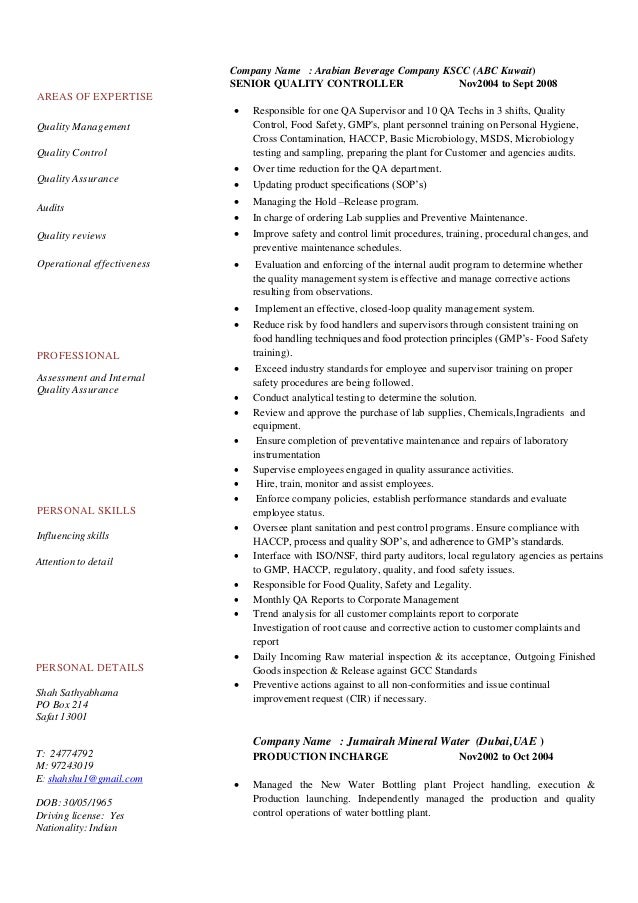 cv food safety complaince manager quality assurance rev quality management resumes