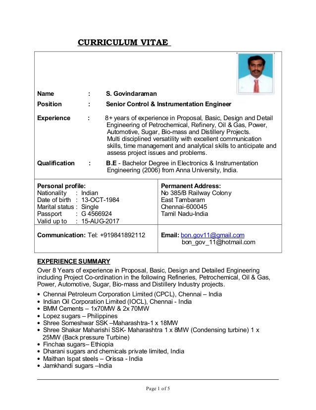 curriculum vitae name s govindaraman position senior control instrumentation engineer experience - Instrumentation And Control Engineer Sample Resume curriculum vitae name s govindaraman position senior control instrumentation engineer experience - Instrumentation And Control Engineer Sample Resume