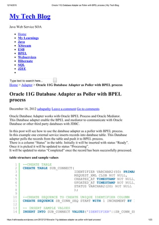 12/14/2015 Oracle 11G Database Adapter as Poller with BPEL process | My Tech Blog
https://rathinasaba.wordpress.com/2012/12/16/oracle­11g­database­adapter­as­poller­with­bpel­process/ 1/23
My Tech Blog
Java Web Service SOA
Home
My Learnings
Java
XStream
ESB
BPEL
Webservices
Hibernate
SQL
J2EE
Type text to search here...  
Home > Adapter > Oracle 11G Database Adapter as Poller with BPEL process
Oracle 11G Database Adapter as Poller with BPEL
process
December 16, 2012 sabapathy Leave a comment Go to comments
Oracle Database Adapter works with Oracle BPEL Process and Oracle Mediator.
This Database adapter enable the BPEL and mediator to communicate with Oracle
Database or other third party databases with JDBC.
In this post will see how to use the database adapter as a poller with BPEL process.
In this example one external service inserts records into database table. This Database
adapter polls the records from the table and push it to BPEL process.
There is a column “Status” in the table. Initially it will be inserted with status “Ready”.
Once it is picked it will be updated to status “Processing”.
It will be updated to status “Completed” once the record has been successfully processed.
table structure and sample values
1
2
3
4
5
6
7
8
9
10
11
12
13
14
15
­­CREATE TABLE 
CREATE TABLE SUB_CONNECT(
                         IDENTIFIER VARCHAR2(50) PRIMARY
                         REQUEST_XML CLOB NOT NULL,
                         CREATED_AT TIMESTAMP NOT NULL,
                         UPDATED_AT TIMESTAMP NOT NULL,
                         STATUS VARCHAR2(20) NOT NULL
                         );
 
­­CREATE SEQUENCE TO CREATE UNIQUE IDENTIFIER COLUMN
CREATE SEQUENCE SB_CONN_SEQ START WITH 1 INCREMENT BY 1 NOCACHE NOC
 
­­ INSERT SAMPLE VALUES
INSERT INTO SUB_CONNECT VALUES('IDENTIFIER'||SB_CONN_SEQ.NEXTVAL,
INSERT INTO SUB_CONNECT VALUES('IDENTIFIER'||SB_CONN_SEQ.NEXTVAL,
 