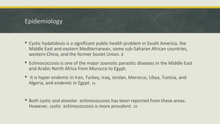 Epidemiology
 Cystic hydatidosis is a significant public health problem in South America, the
Middle East and eastern Mediterranean, some sub-Saharan African countries,
western China, and the former Soviet Union. 8
 Echinococcosis is one of the major zoonotic parasitic diseases in the Middle East
and Arabic North Africa from Morocco to Egypt.
 It is hyper endemic in Iran, Turkey, Iraq, Jordan, Morocco, Libya, Tunisia, and
Algeria, and endemic in Egypt. 10
 Both cystic and alveolar echinococcosis has been reported from these areas.
However, cystic echinococcosis is more prevalent. 10
 